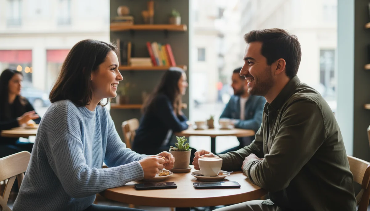 Couple on a first date, engaging in conversation, phones put away.