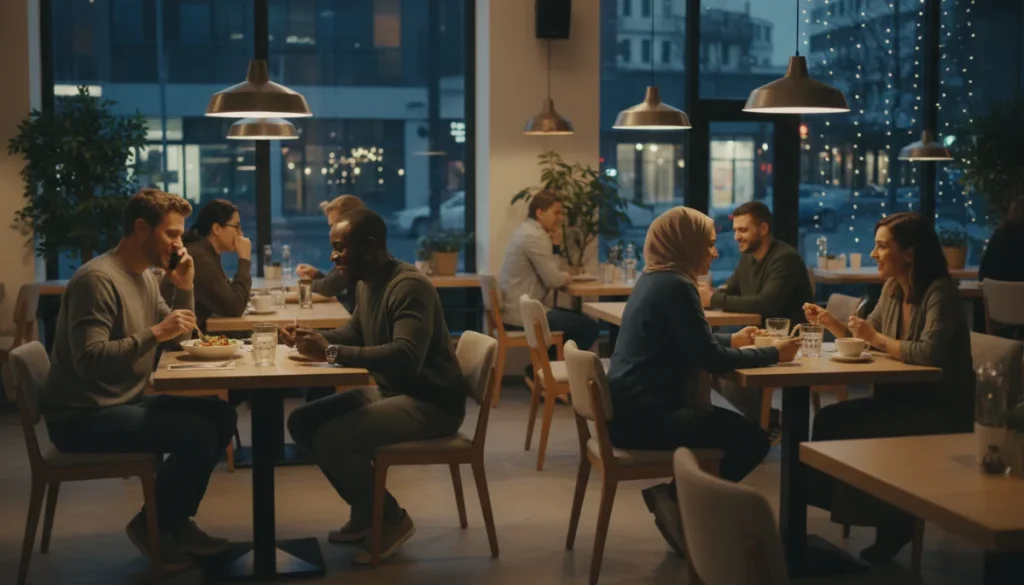 People on first dates, some showing red flags, others enjoying conversation.