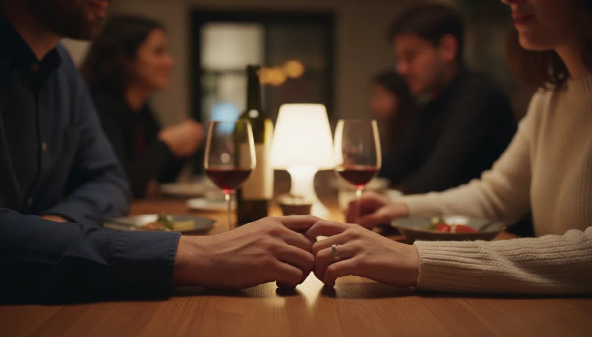 Hands gently touching across a table, symbolizing connection and mutual interest.