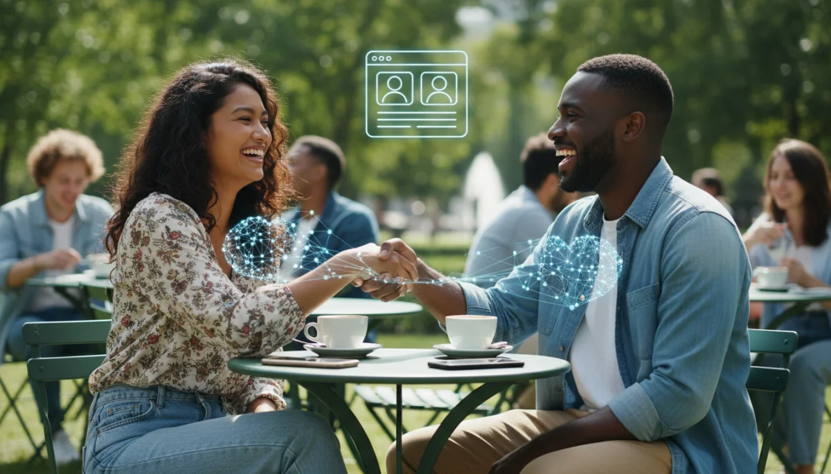 Diverse couple making a genuine connection, symbolizing successful dating app interactions.