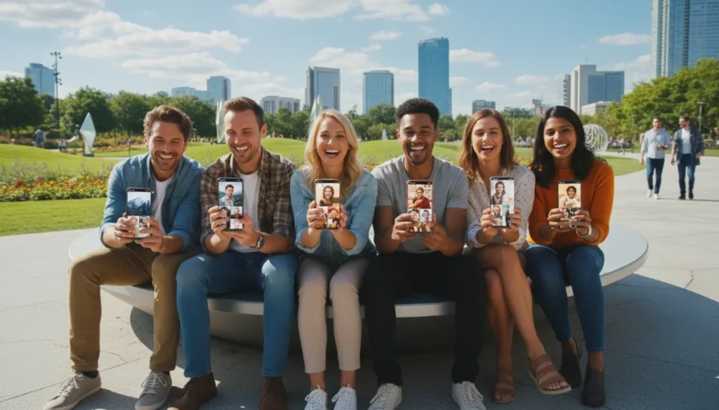 People happily using dating apps with optimized profile photos