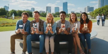 People happily using dating apps with optimized profile photos