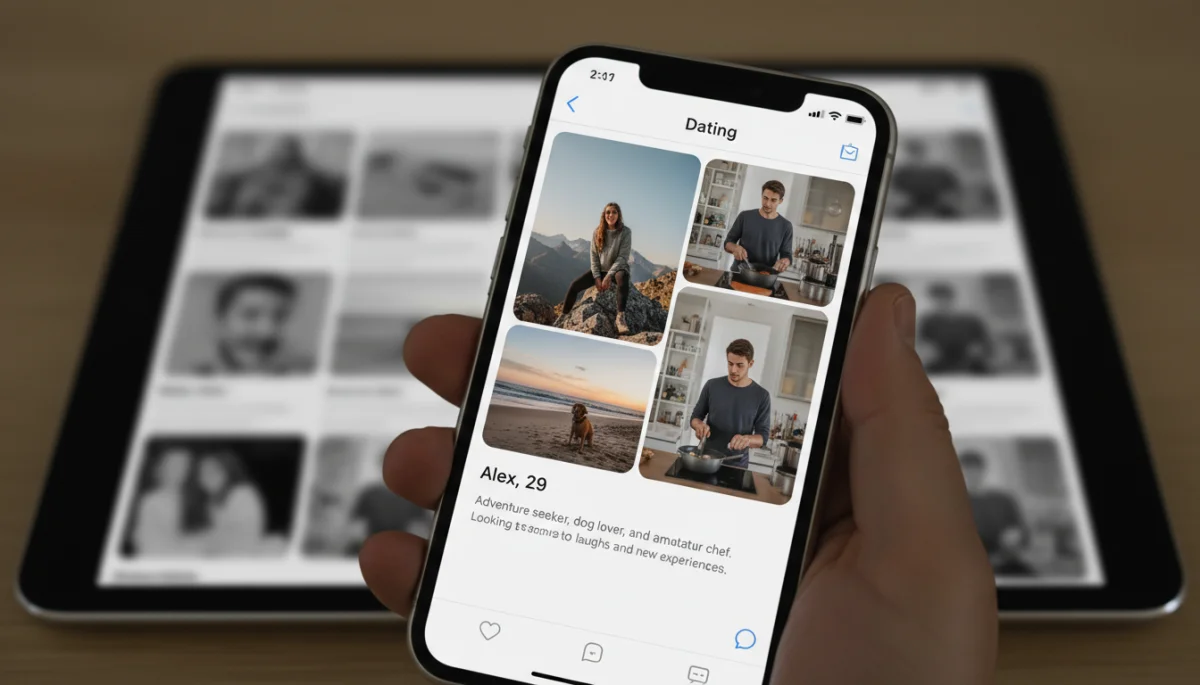 Smartphone displaying a high-quality dating app profile with engaging photos.