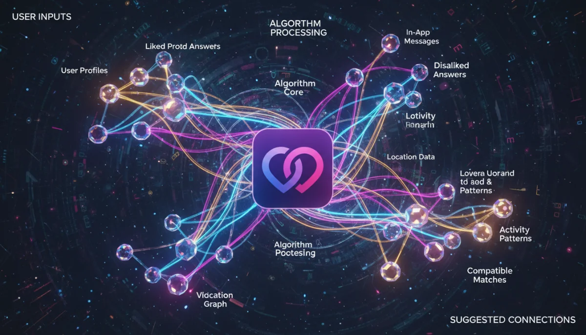 Diagram showing data flow and algorithmic connections in Hinge for improved match suggestions.