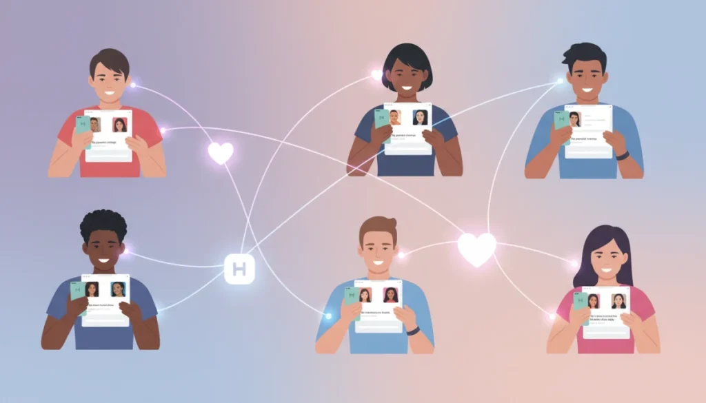 Diverse people engaging with Hinge profiles on smartphones, symbolizing the algorithm's role in matchmaking.