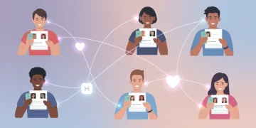 Diverse people engaging with Hinge profiles on smartphones, symbolizing the algorithm's role in matchmaking.