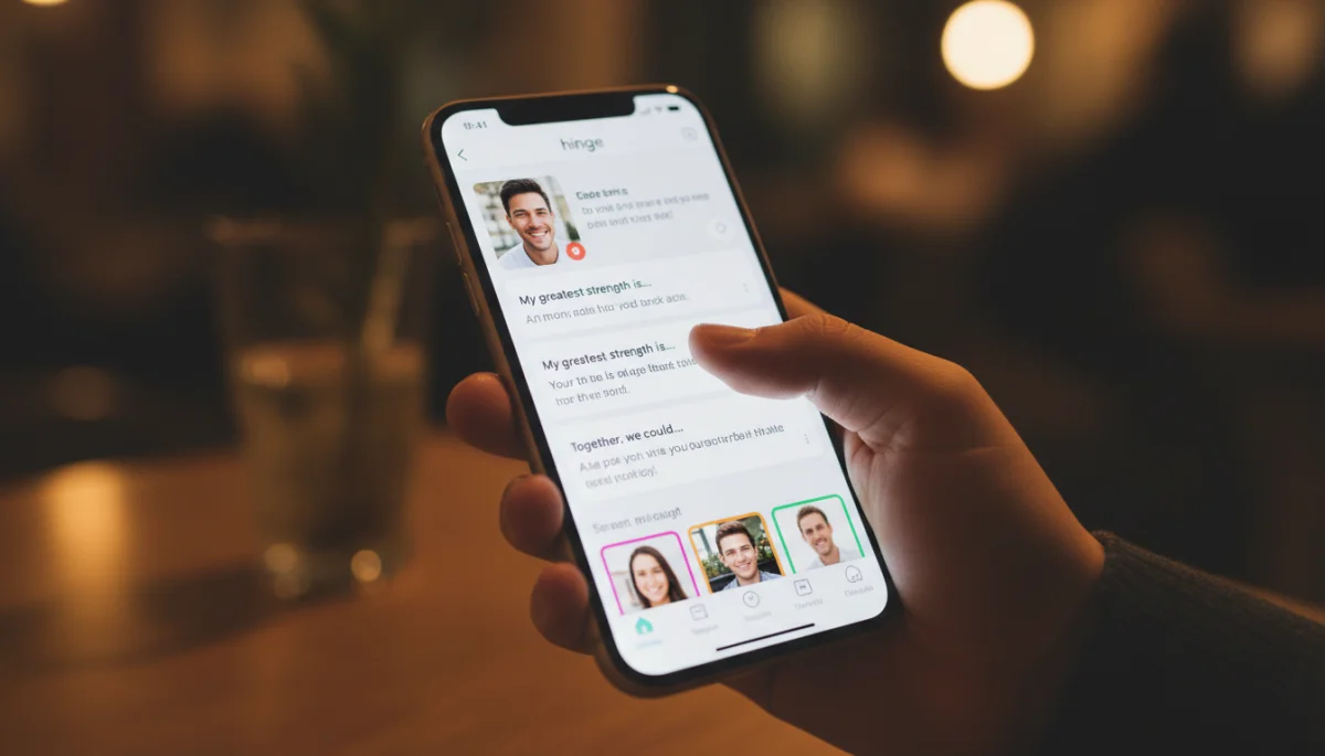 Hand scrolling through Hinge profiles, highlighting user engagement with the app.