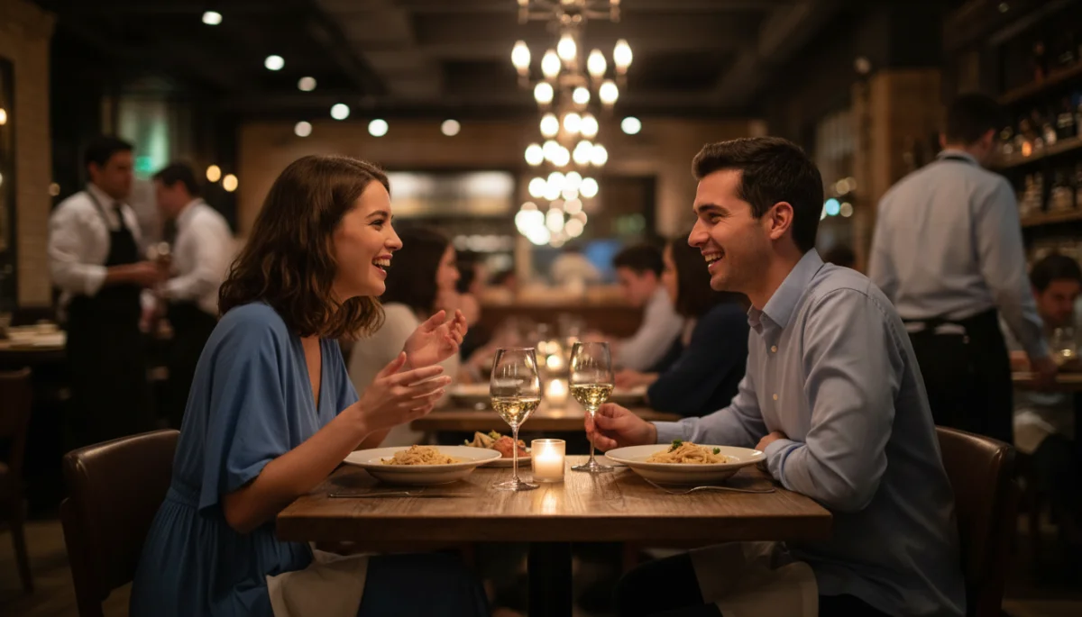 Engaging conversation during an in-person first date dinner.