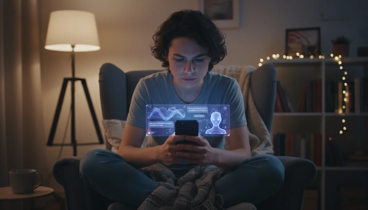 Individual engaging deeply with an AI companion on a smartphone