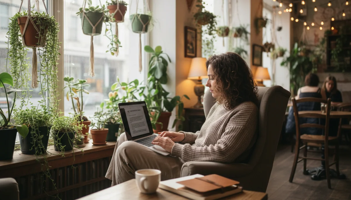 Introvert crafting personal narrative for online profile in cafe