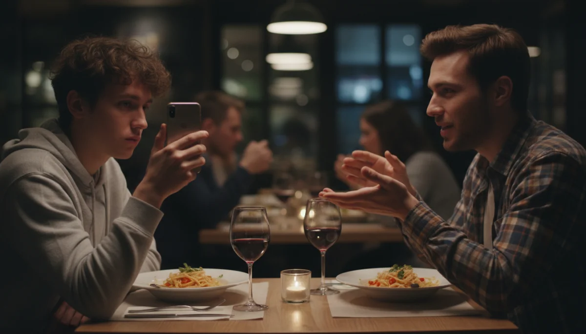 Date checking phone, ignoring partner, showing disinterest.
