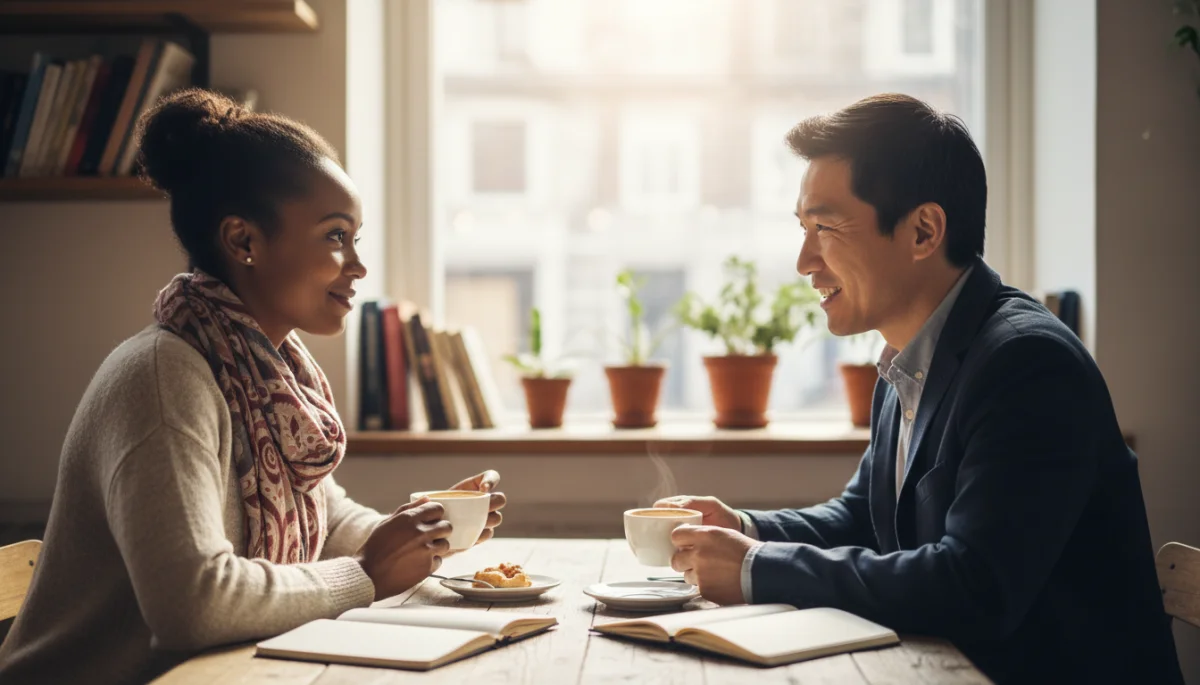 Meaningful conversation between two individuals over coffee