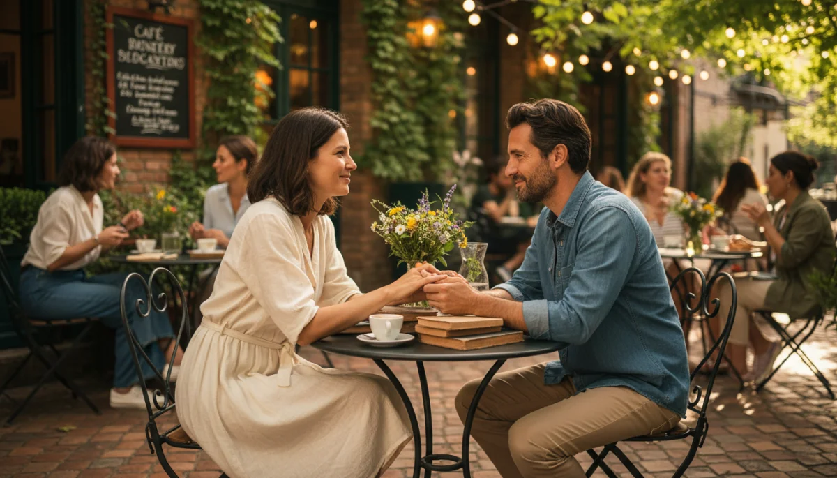 Couple having a deep, meaningful conversation at a cafe