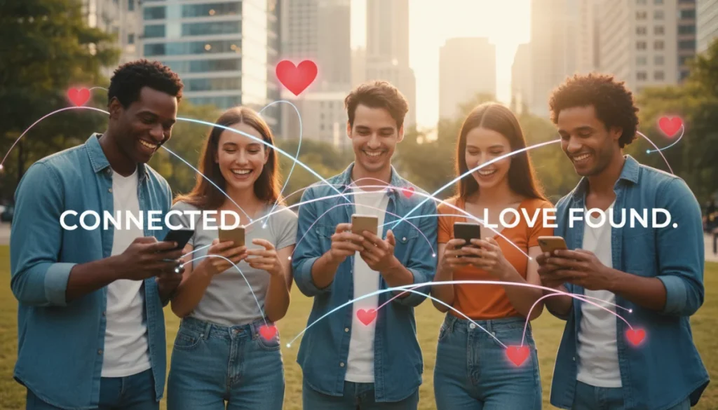 People happily connecting through dating apps, illustrating meaningful online interactions.