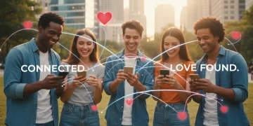 People happily connecting through dating apps, illustrating meaningful online interactions.