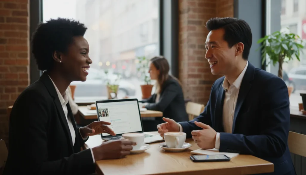Couple on a modern first date, balancing digital communication with in-person interaction.