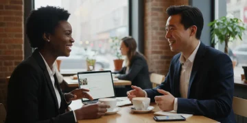 Couple on a modern first date, balancing digital communication with in-person interaction.