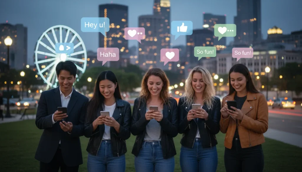 People happily engaging with dating apps on their phones, showcasing modern online dating communication.