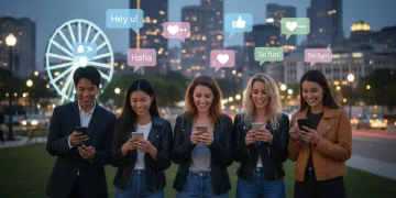 People happily engaging with dating apps on their phones, showcasing modern online dating communication.