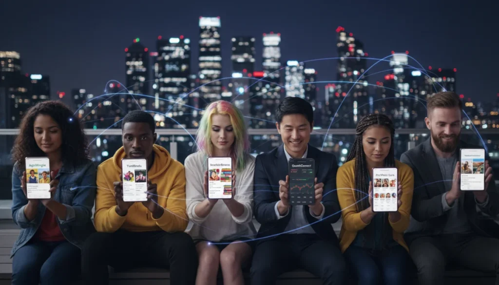 People engaging with various niche dating apps on their phones, highlighting diverse interests.