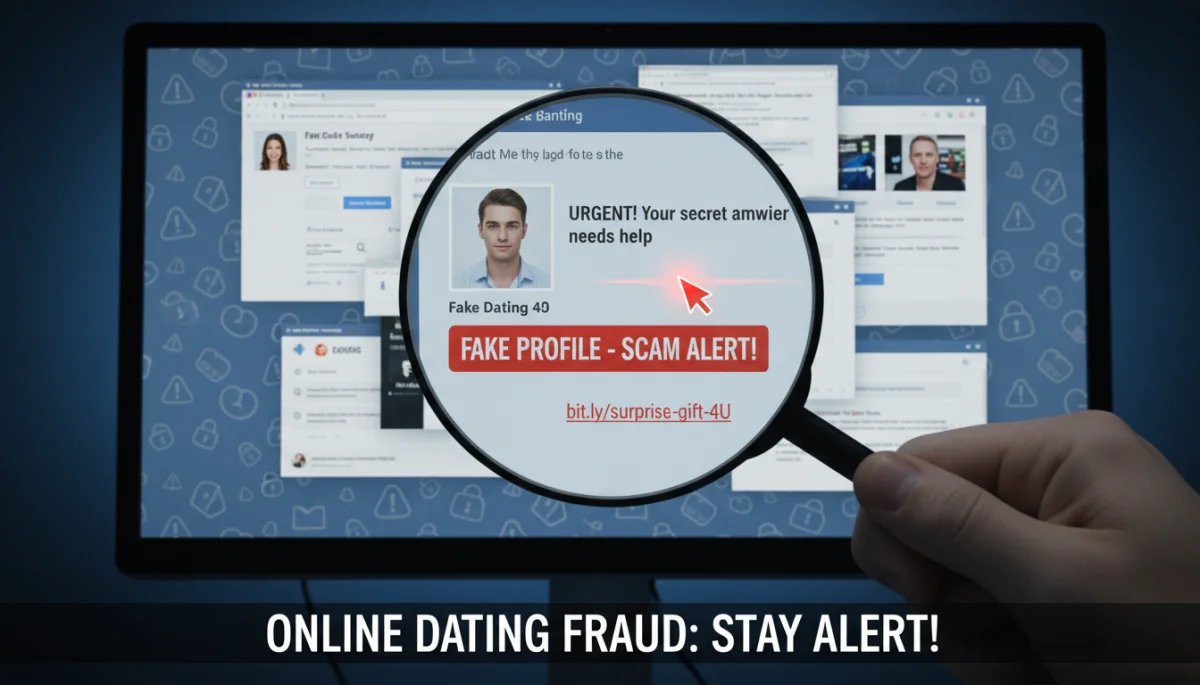 Magnifying glass highlighting online dating scam indicators on a screen.