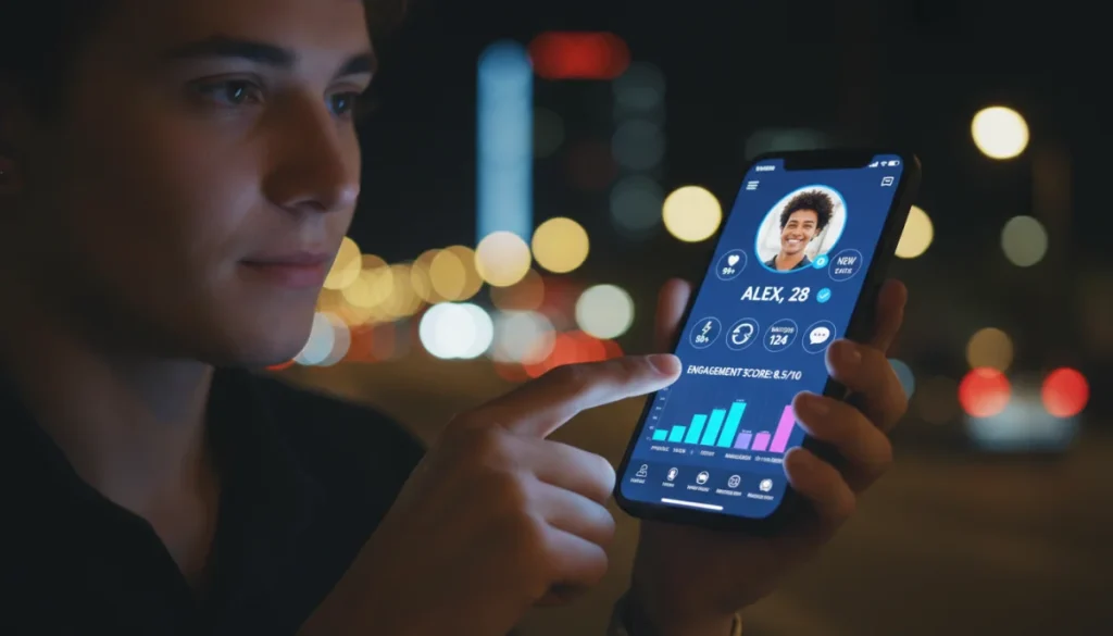 Thoughtful person optimizing dating app profile for increased engagement