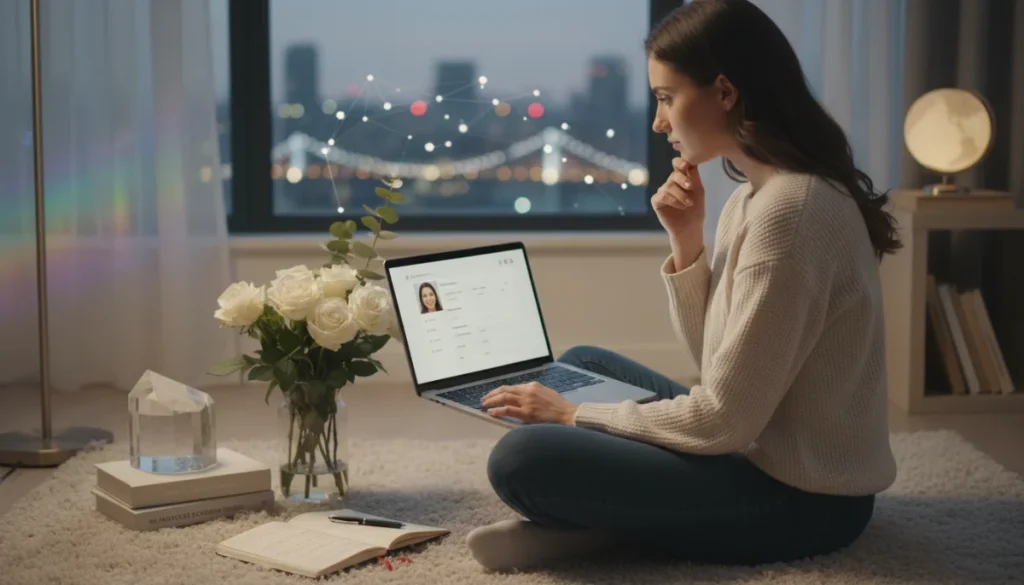 Thoughtful person optimizing dating profile for success