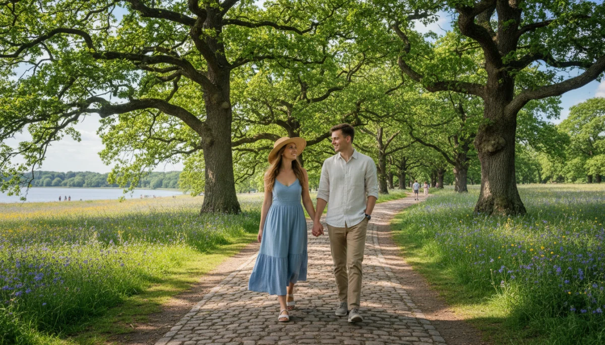 Couple enjoying a walk in a park for a casual first date