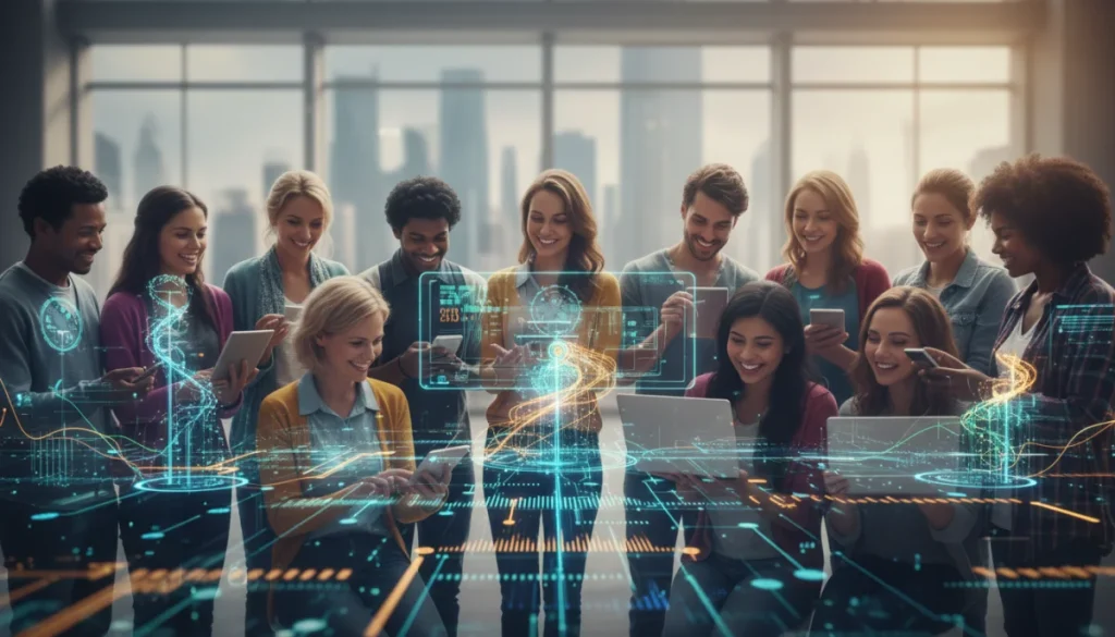 People connecting online through various digital devices