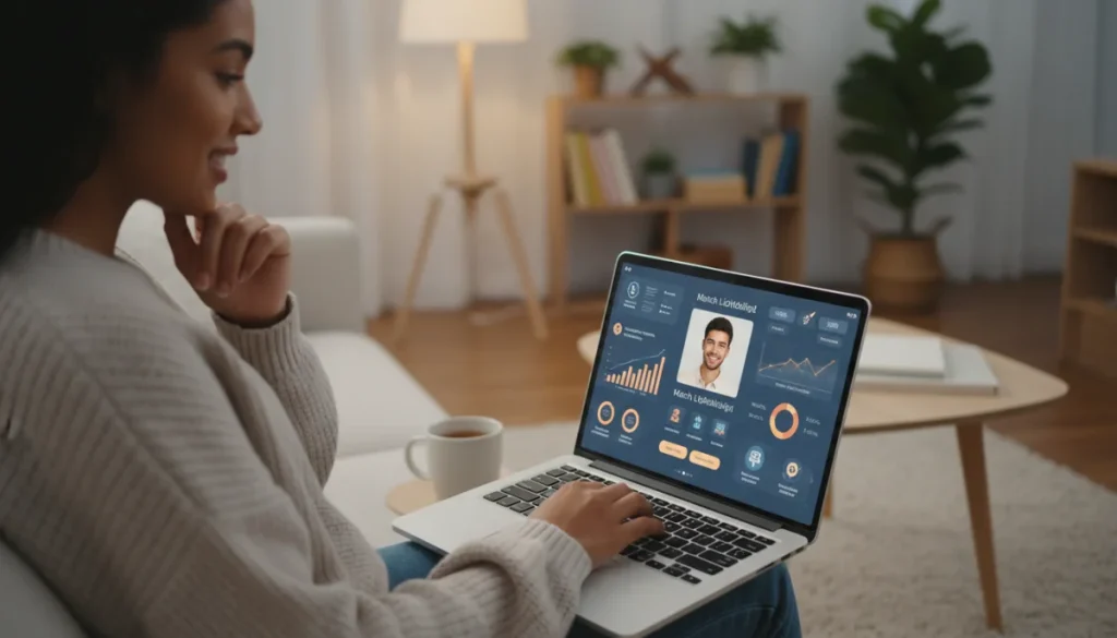 Thoughtful person analyzing dating profile on laptop to improve match quality