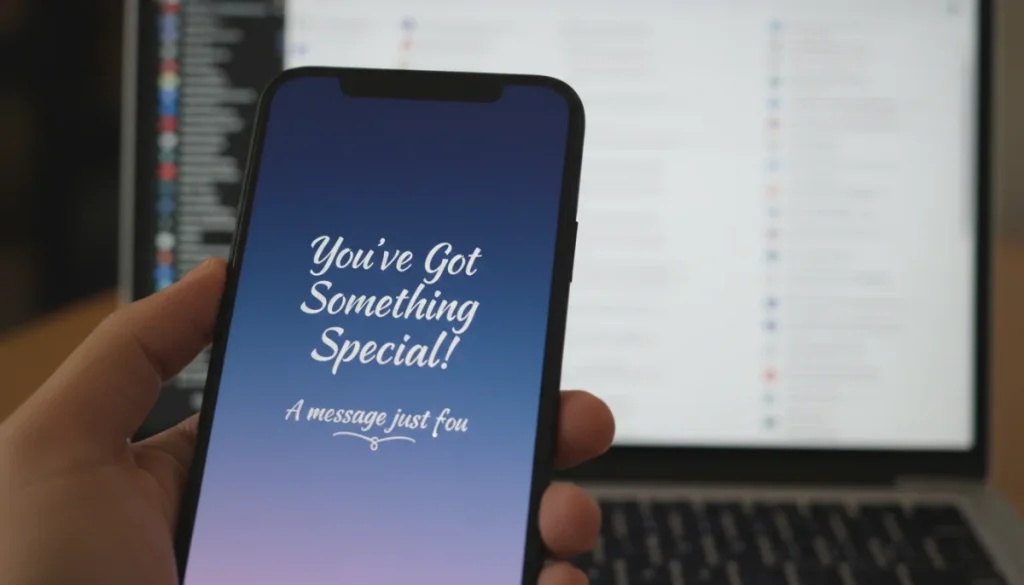 Smartphone displaying a personalized message amidst a cluttered digital inbox.