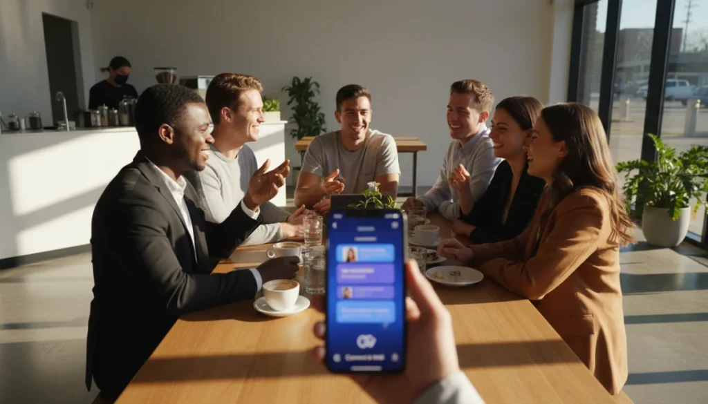 Diverse individuals intentionally connecting in a post-pandemic cafe setting