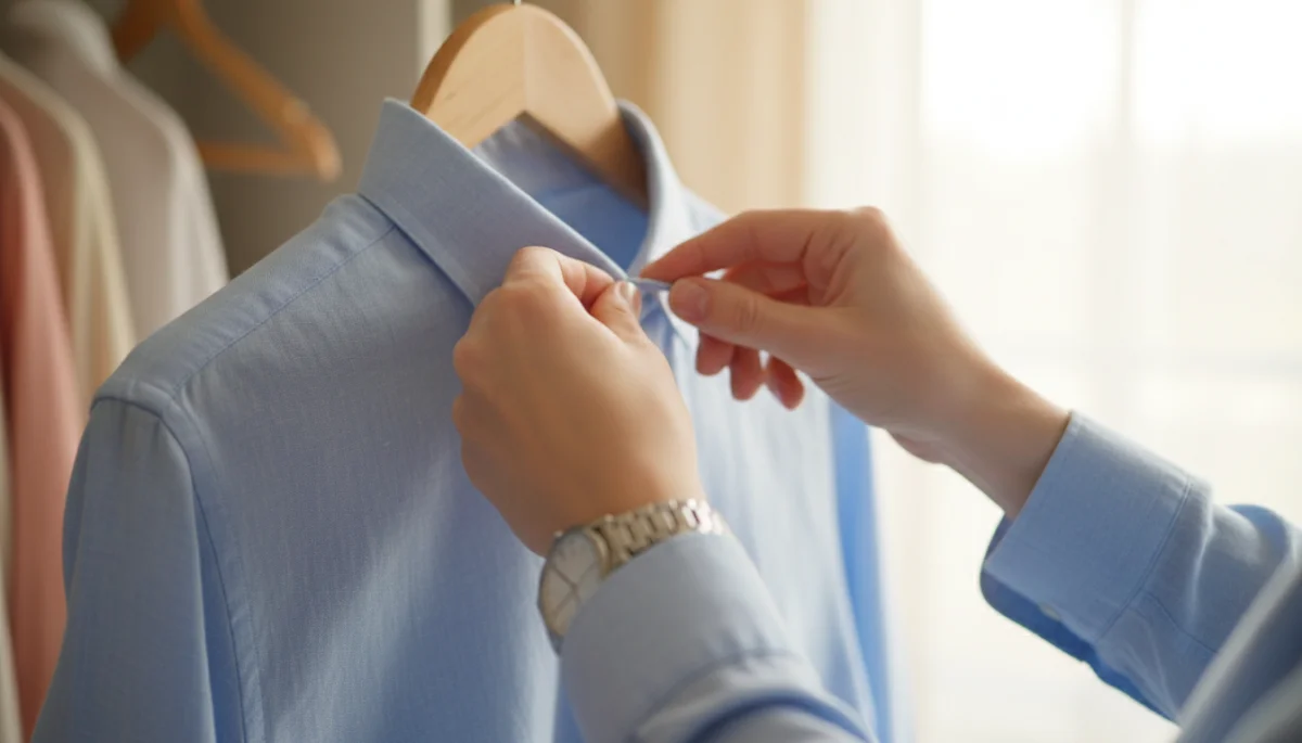Person adjusting a shirt, preparing for a date.