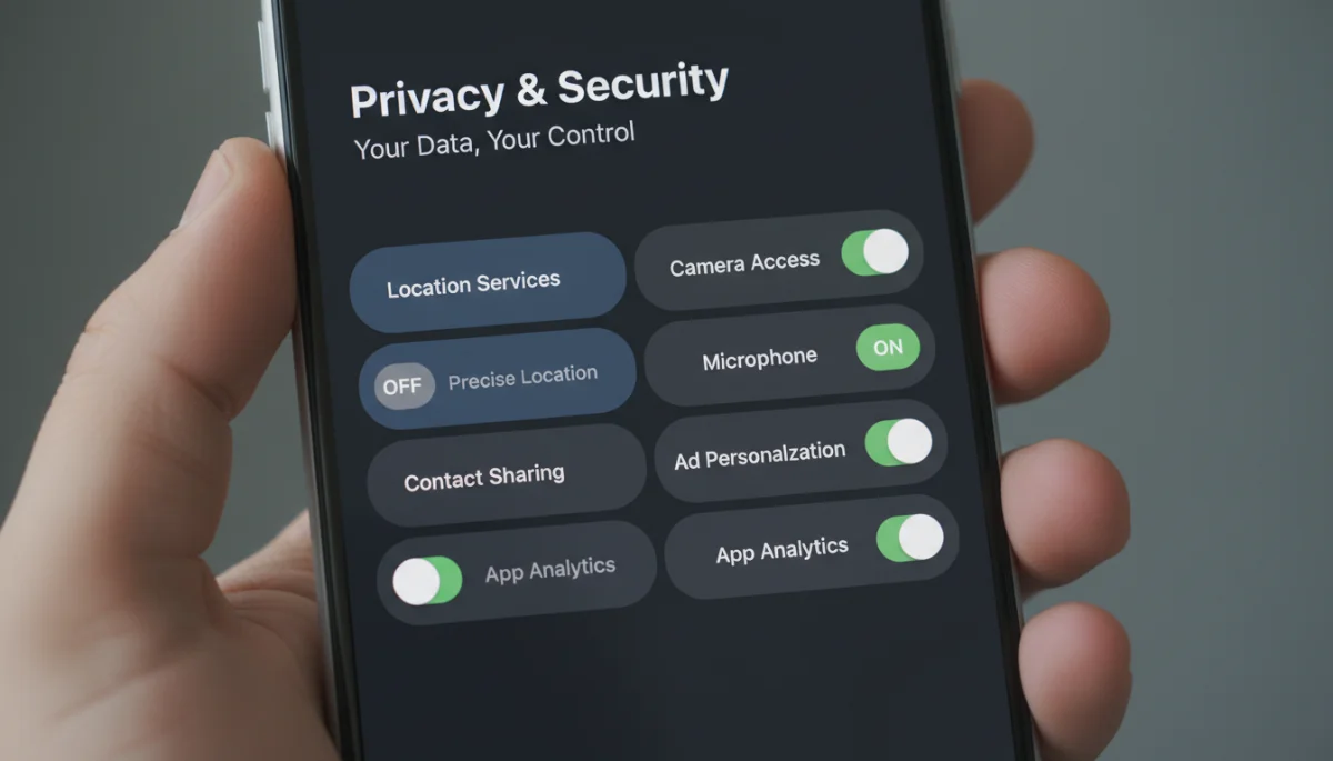 Smartphone display with privacy setting toggles