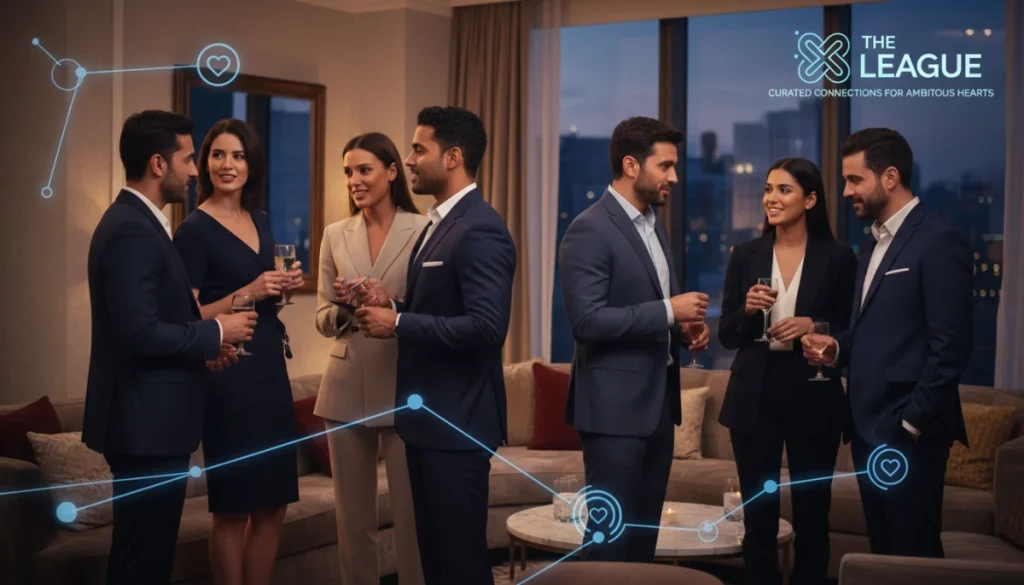 Professionals at a networking event, symbolizing The League's curated community
