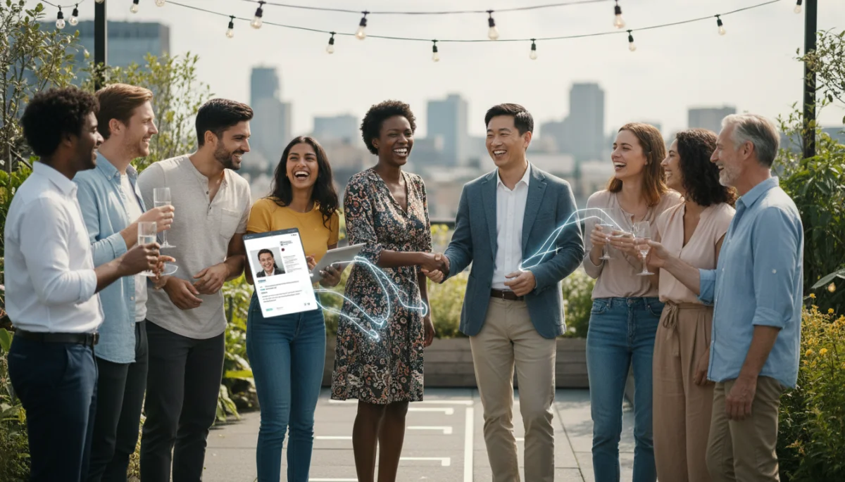 Diverse individuals connecting in person after successful online interactions.