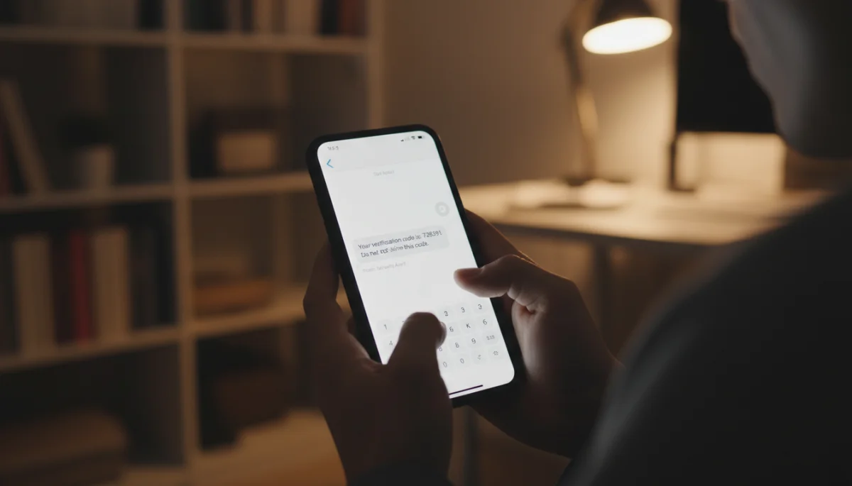Hands holding phone receiving 2FA verification code via text message