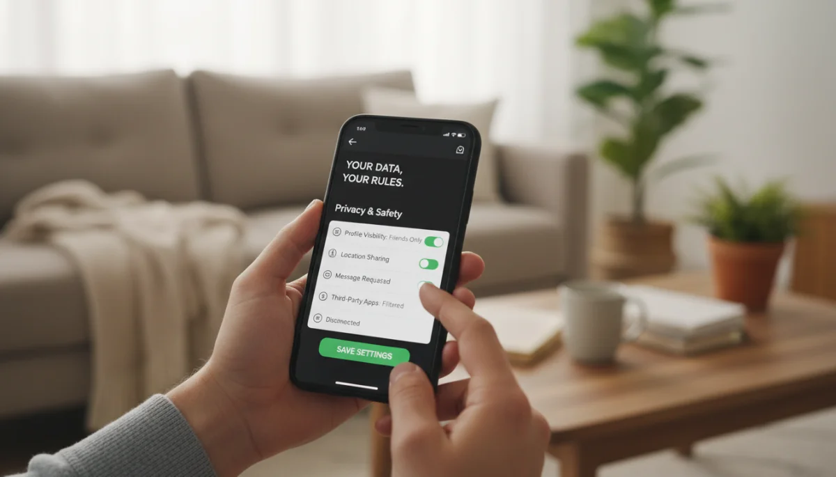 Person reviewing privacy settings on a dating app on a smartphone.