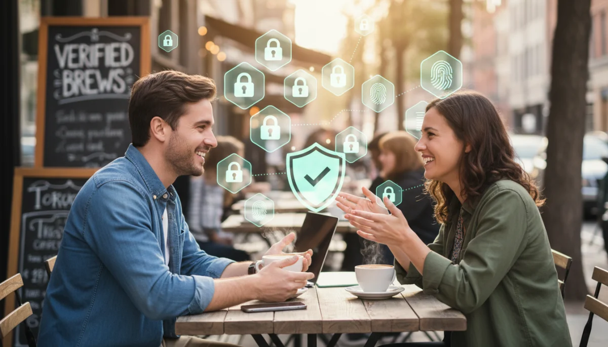 Safe first date at a coffee shop after verifying online dating profiles.