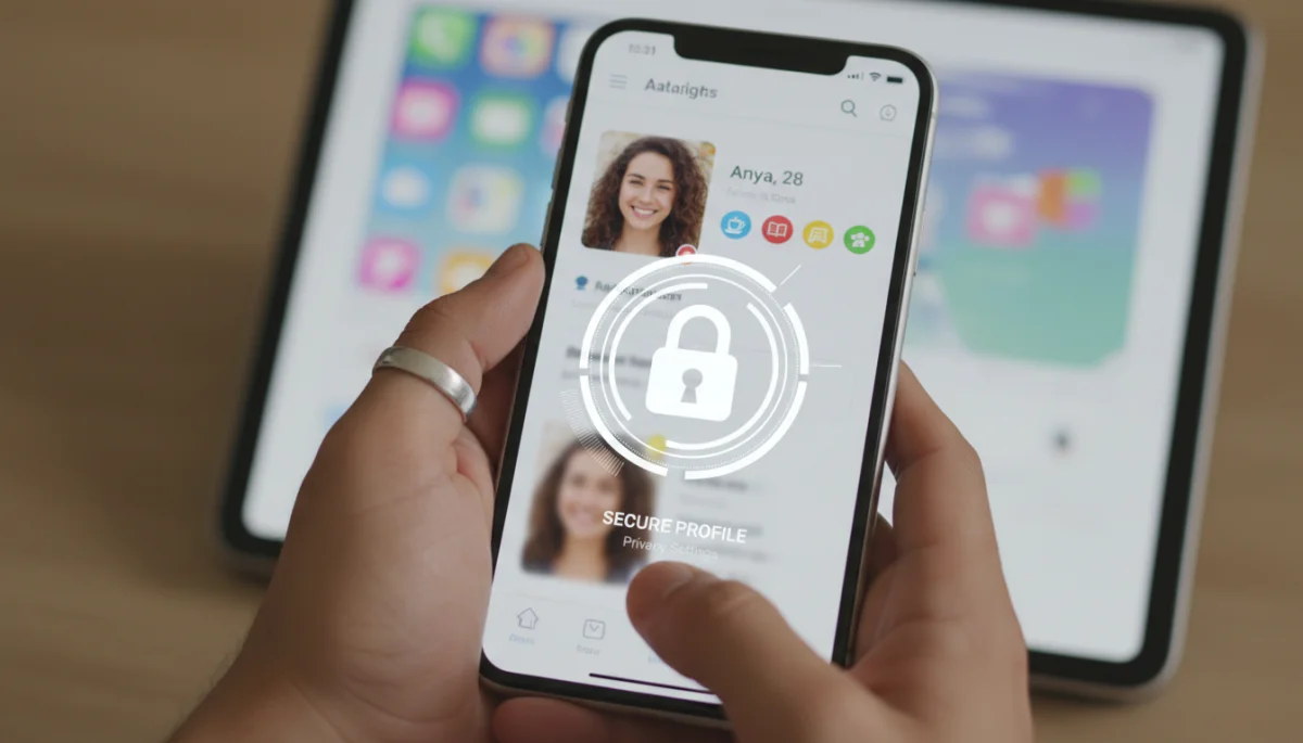 Secure dating app profile with padlock, emphasizing privacy settings and data protection.