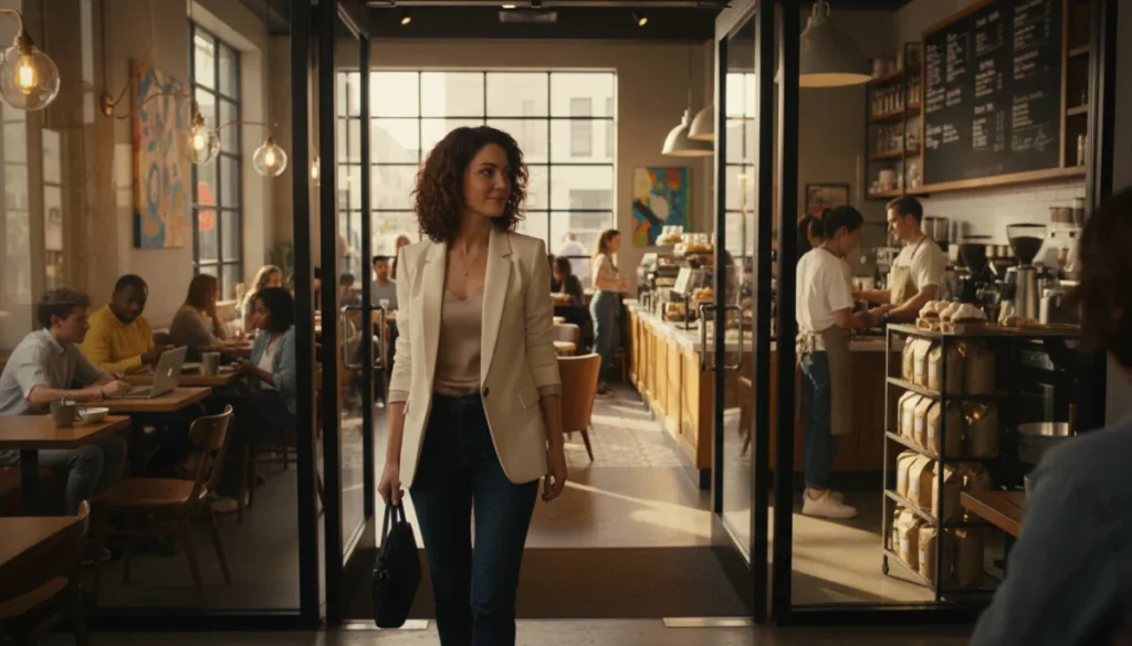 Woman entering a coffee shop for a secure first date