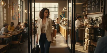Woman entering a coffee shop for a secure first date