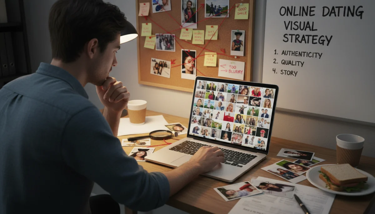 Thoughtful person choosing best dating app photos on a laptop.