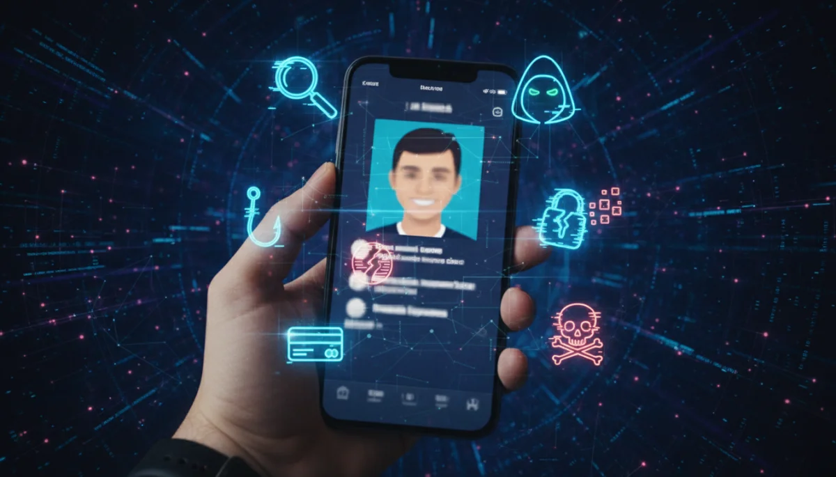 Smartphone displaying a dating app profile with blurred personal details and cyber threat icons.