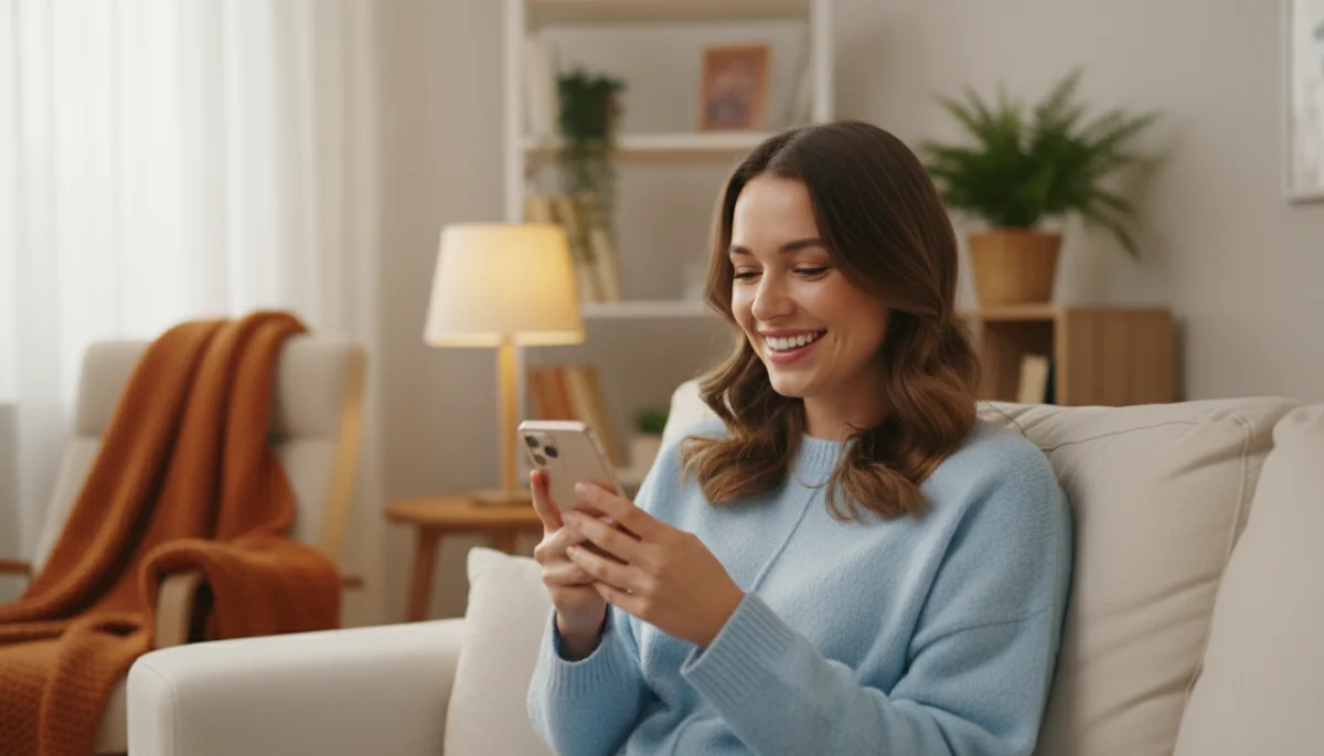 Person smiling at phone, reflecting positive online interaction.