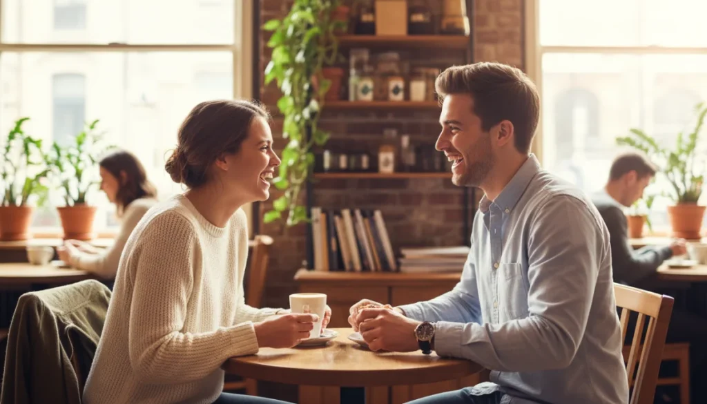 Smiling couple connecting during a first date in a cozy cafe setting.