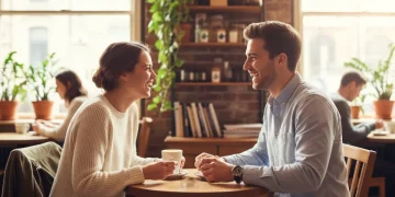 Smiling couple connecting during a first date in a cozy cafe setting.