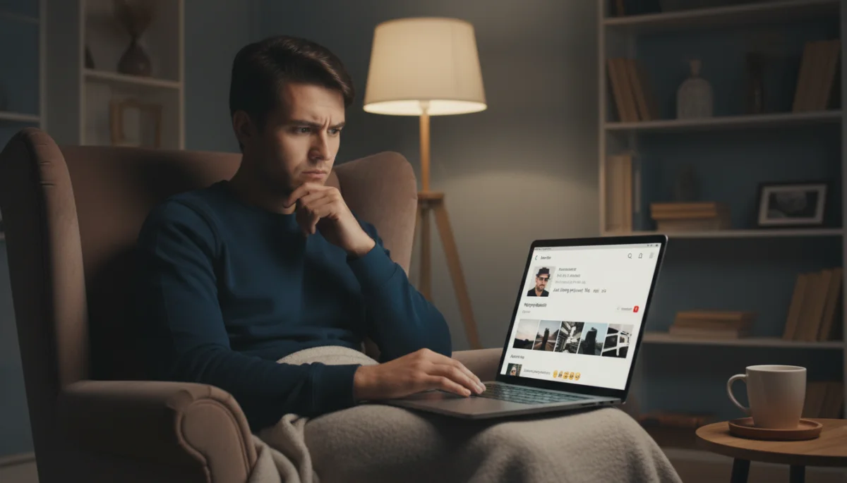 Skeptical person examining suspicious dating app profile for inconsistencies.