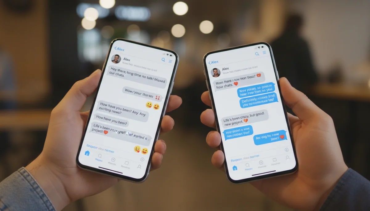 Hands holding phones with successful re-engaged chat