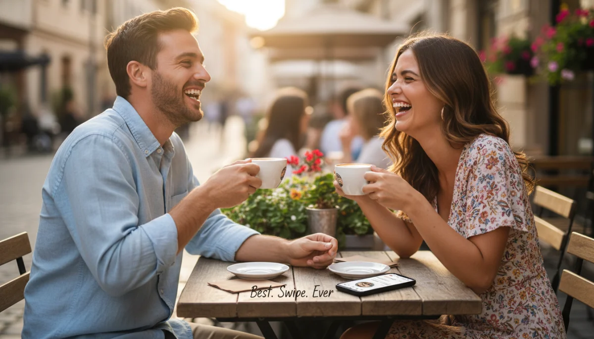 Happy couple enjoying coffee after a successful online dating match.
